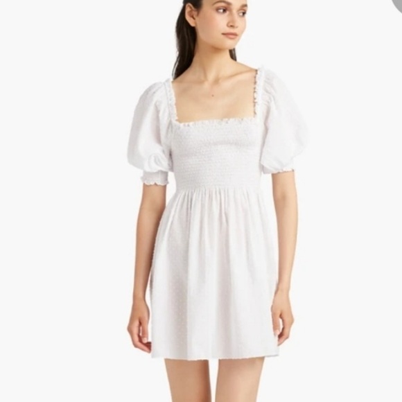 Hill House Athena Nap Dress 100% Cotton White Smocked Puff Sleeves XS - Picture 1 of 7